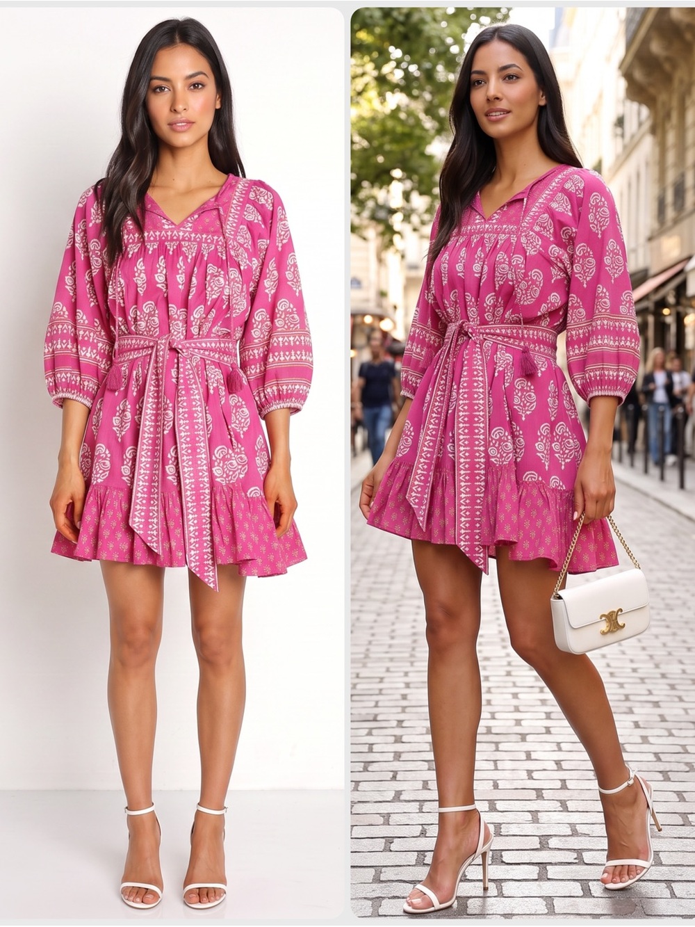Cleobella Magdalena Organic Cotton Fuchsia Paisley Tie-Waist Mini Dress NWT $225
